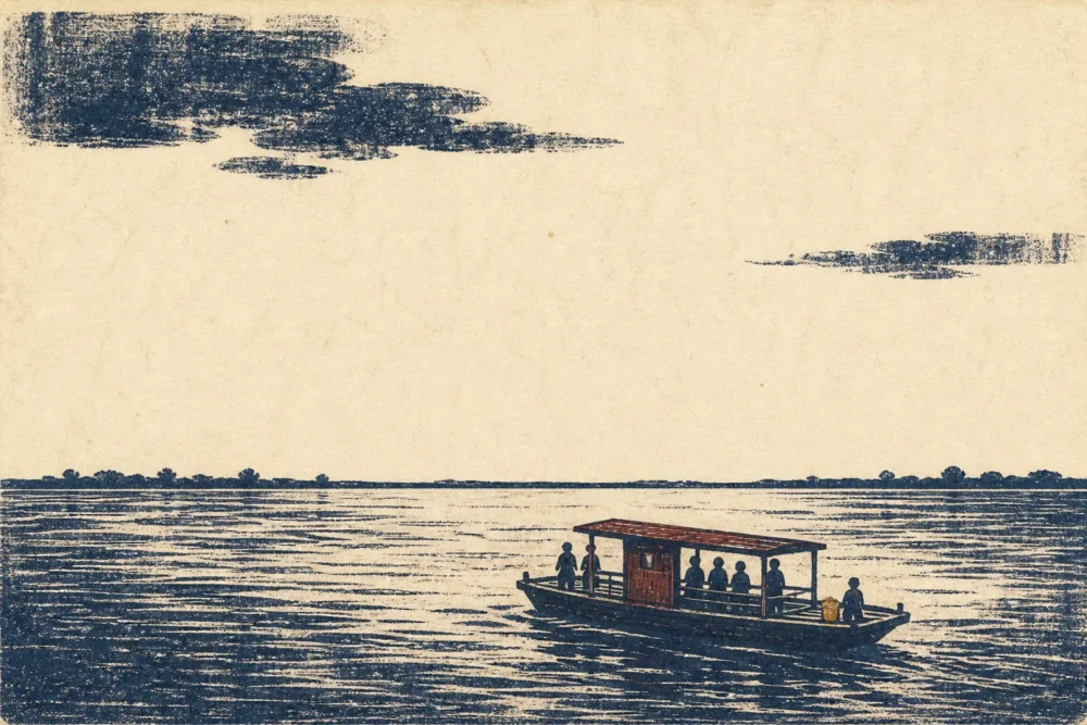 বর্ষার নদীতে যাত্রী নিয়ে পার হওয়া ফেরি